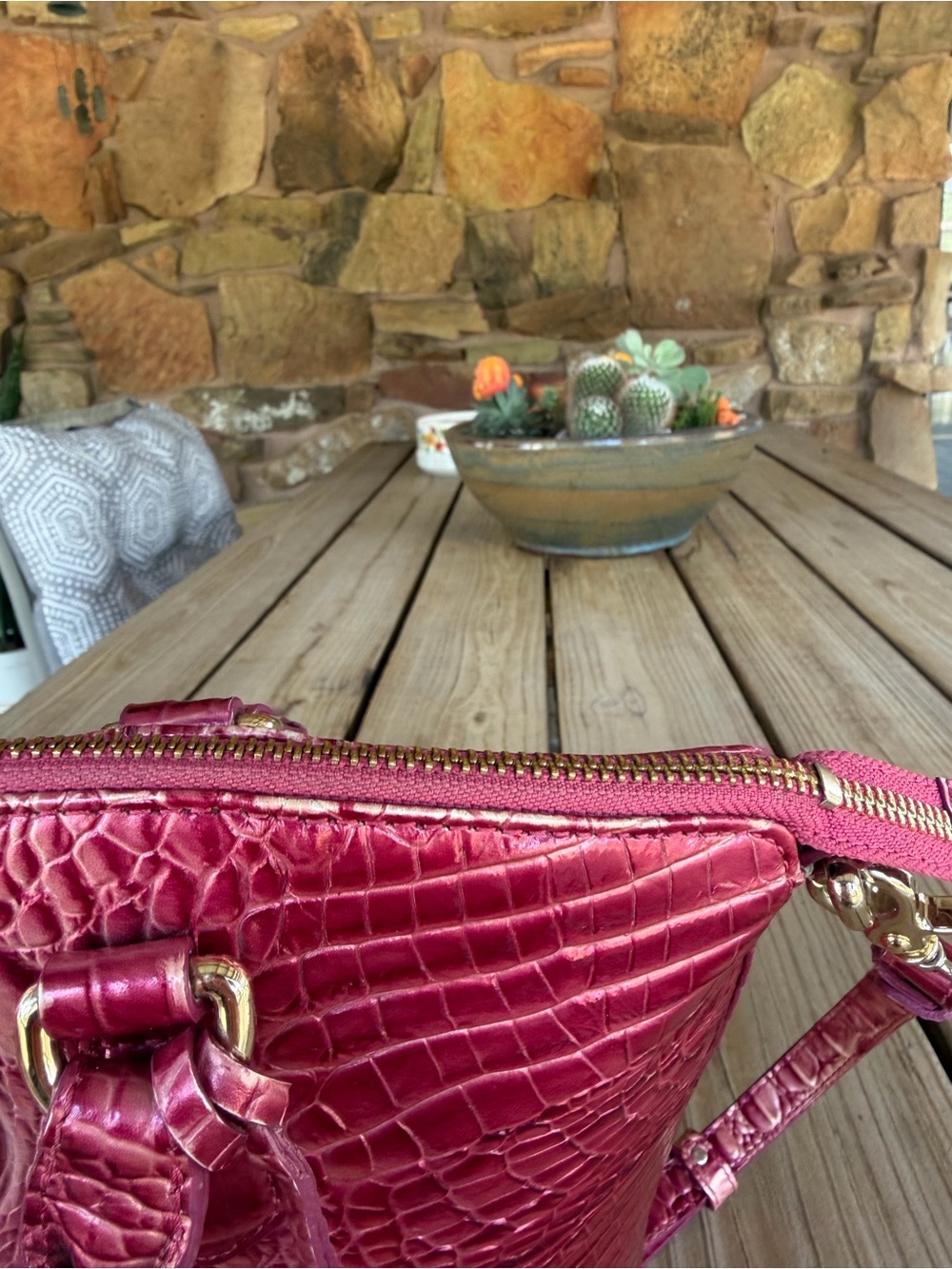 Brahmin Metallic Pink Croc-Embossed Satchel Bag - Picture 6 of 15